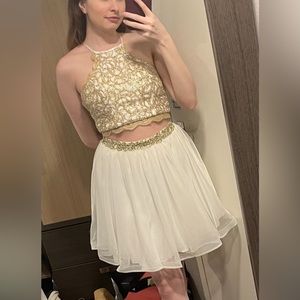 Two piece white and gold short homecoming/prom dress